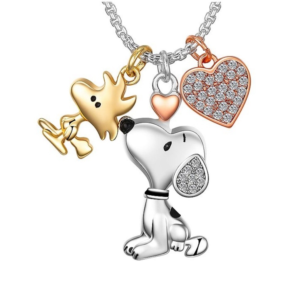 🆕 Peanuts Crystal Snoopy Woodstock Heart Charm Pendant Necklace Tri-Tone